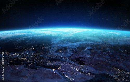 Fototapeta Naklejka Na Ścianę i Meble -  Nightly Earth planet. Space banner template. Amazing Nightly Earth planet in outer space. Europe, Near East and Africa at night viewed from space. 