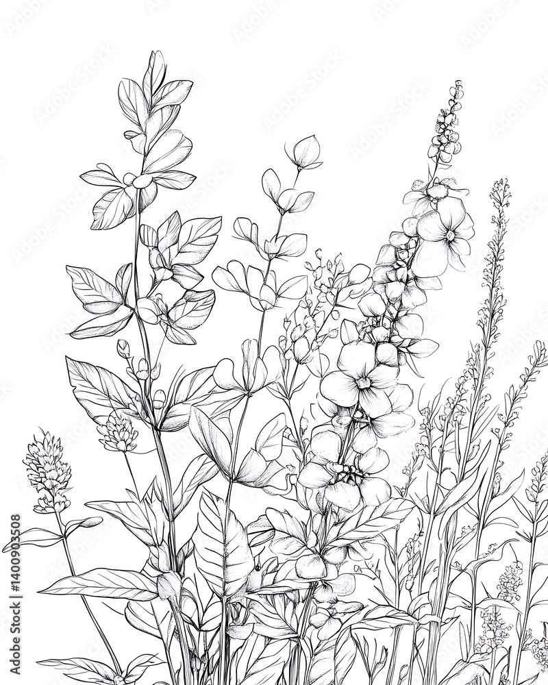 Fototapeta premium illustrations of various trees, leaves, grasses, and botanical elements on white background.