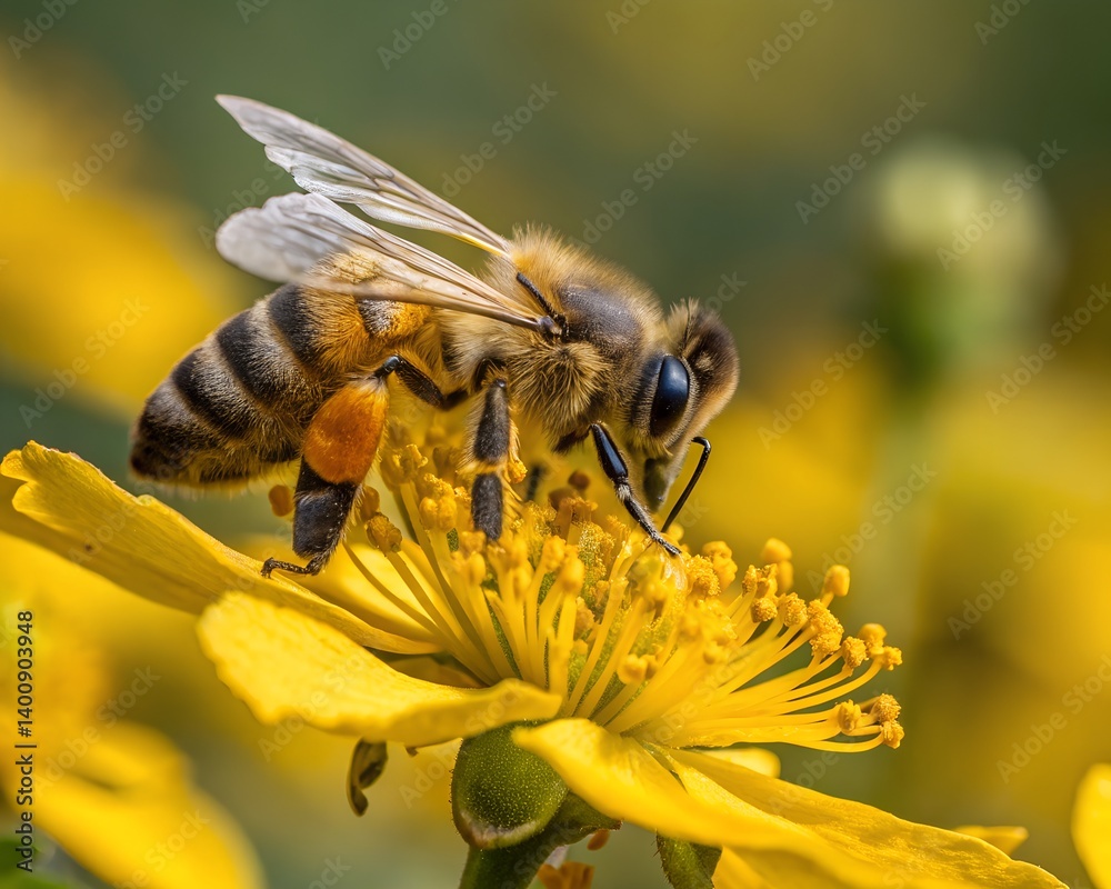 Bee collecting pollen from a yellow flower Bee collecting pollen from a yellow flower