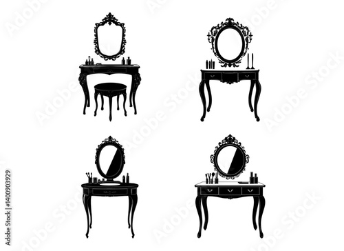 Retro dressing console, candelabra and mirror illustration Vector Set