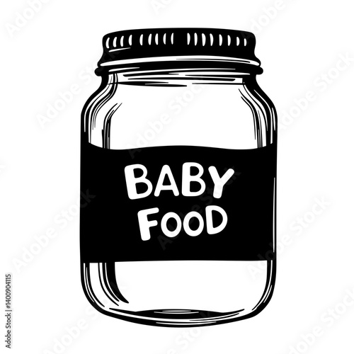 Baby food jar illustration in black and white for infants  