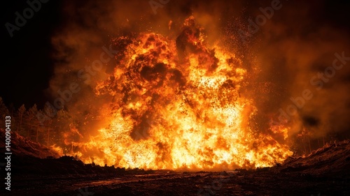 A massive and uncontrolled fire engulfs a forested landscape.