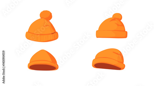 Four Orange Knitted Beanies with Pom Poms: Winter Apparel Product Photography