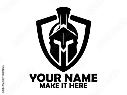 Stylized black and white emblem featuring a Spartan helmet silhouette within a shield shape. Warrior concept, spartan logo vector design