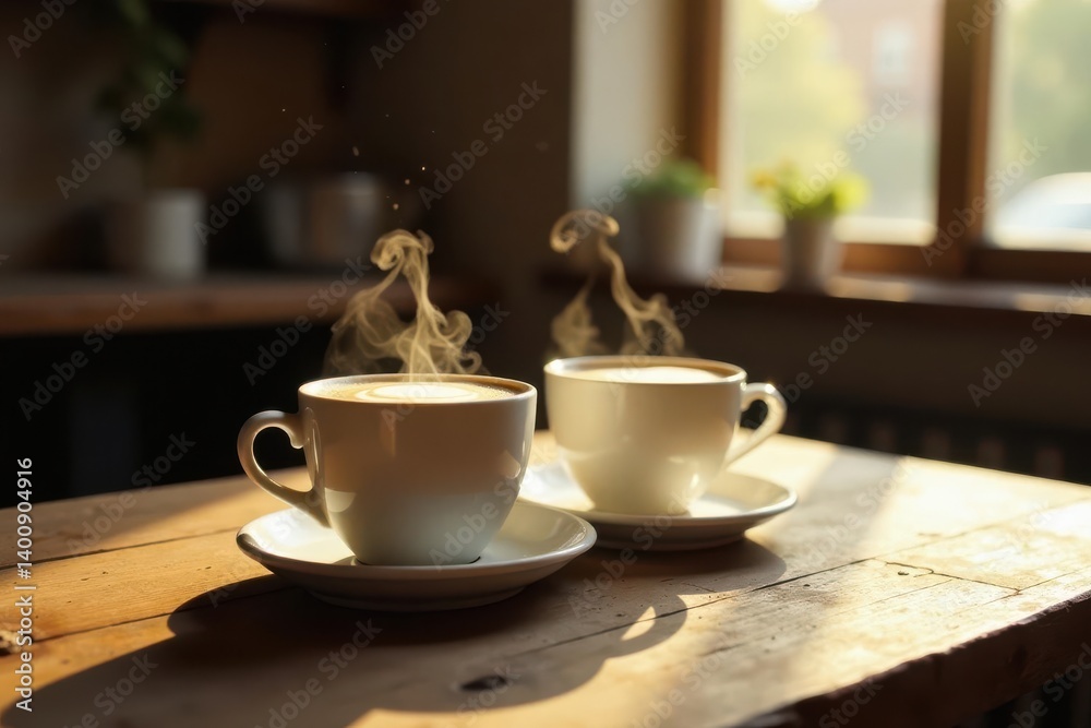 Warm morning sunlight streams through a window, illuminating two steaming cups of cappuccino on a rustic wooden table. Warm morning sunlight streams through a window, illuminating two steaming cups of cappuccino on a rustic wooden table.