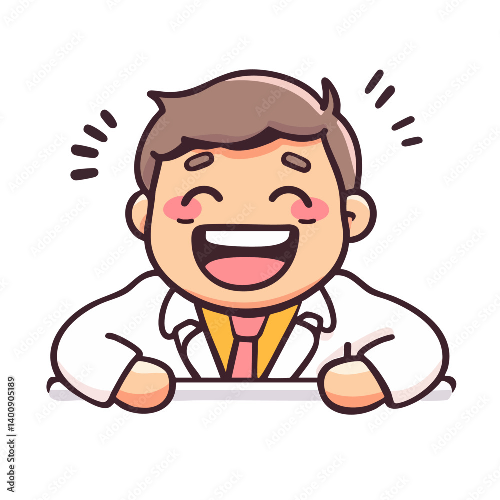Happy laughing man in white uniform, cheerful smiling doctor in white suit with his hands on the table, hand drawn doodle cartoon character clip art, kawaii isolated cute simple vector illustration Happy laughing man in white uniform, cheerful smiling doctor in white suit with his hands on the table, hand drawn doodle cartoon character clip art, kawaii isolated cute simple vector illustration