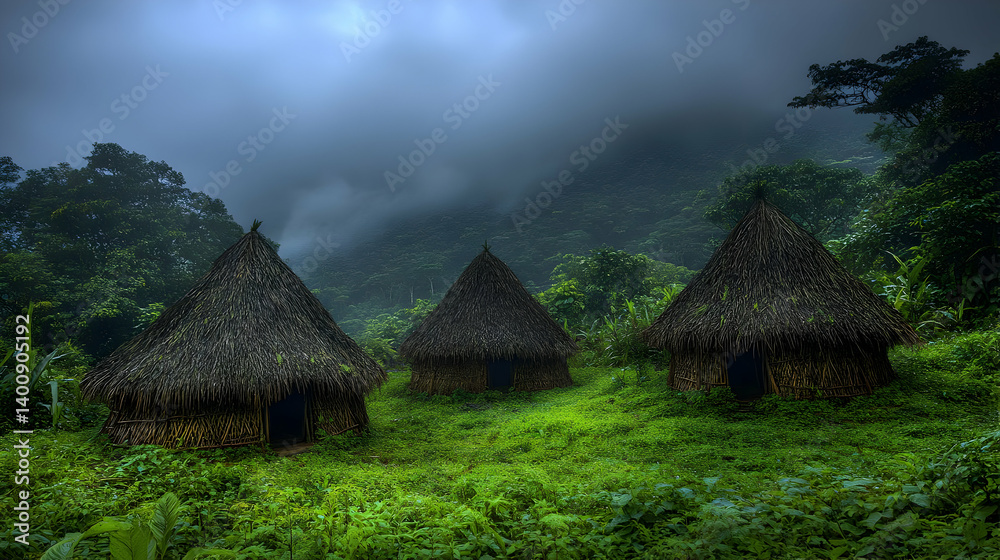 Three Thatched Huts in a Green Tropical Jungle on a Misty Day Surrounded by Lush Foliage and Verdant Landscape