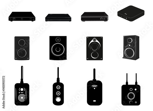 Portable radio receiver on a white background. Small player close-up. A battery-powered radio vector Set