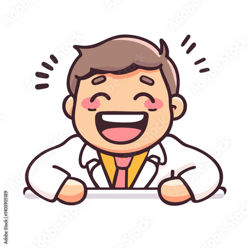 Happy laughing man in white uniform, cheerful smiling doctor in white suit with his hands on the table, hand drawn doodle cartoon character clip art, kawaii isolated cute simple vector illustration