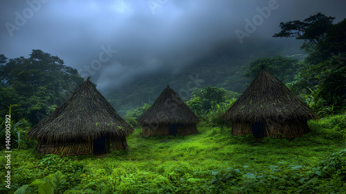 Obraz na płótnie Three Thatched Huts in a Green Tropical Jungle on a Misty Day Surrounded by Lush Foliage and Verdant Landscape w salonie