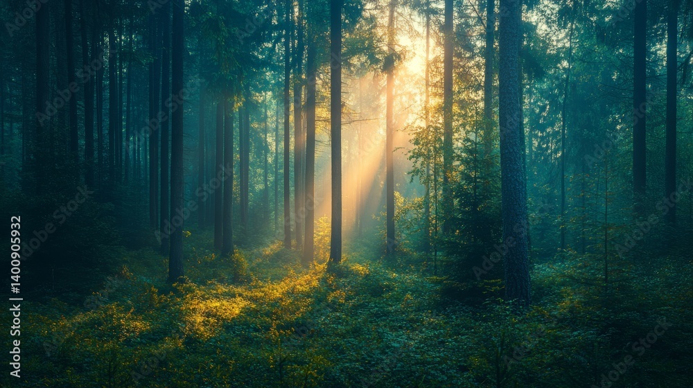 Obraz premium Sunbeams Piercing Through Misty Forest