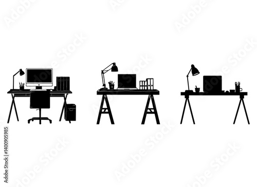 workspace desk silhouette laptop books and lamp Vector Set