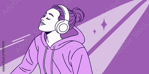 Stylish fashion teenager model wearing hoodie and headphones listening dj music dancing in purple neon lights. Young teen girl enjoy cool music 90s party mix in violet studio background
