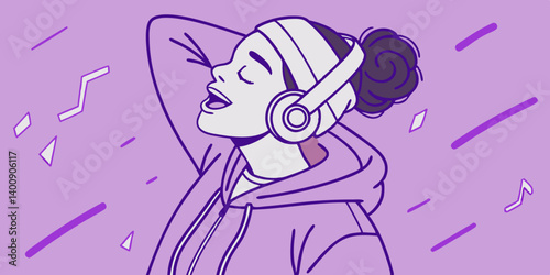 Stylish fashion teenager model wearing hoodie and headphones listening dj music dancing in purple neon lights. Young teen girl enjoy cool music 90s party mix in violet studio background