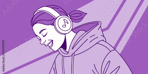 Stylish fashion teenager model wearing hoodie and headphones listening dj music dancing in purple neon lights. Young teen girl enjoy cool music 90s party mix in violet studio background