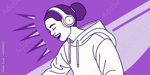 Stylish fashion teenager model wearing hoodie and headphones listening dj music dancing in purple neon lights. Young teen girl enjoy cool music 90s party mix in violet studio background