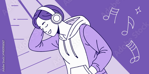 Stylish fashion teenager model wearing hoodie and headphones listening dj music dancing in purple neon lights. Young teen girl enjoy cool music 90s party mix in violet studio background