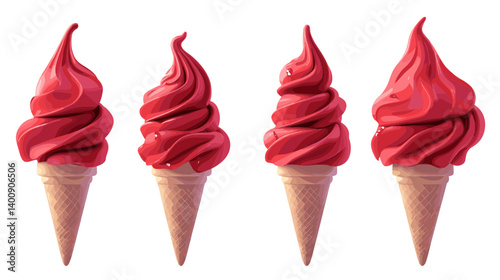 Four Red Soft Serve Ice Cream Cones on White Background