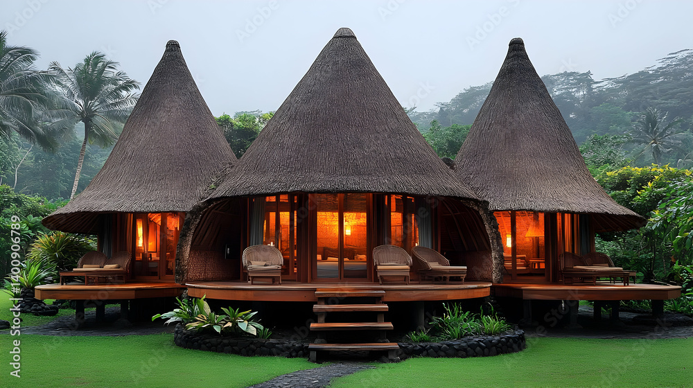 Three Thatched Roof Bungalows on a Tropical Island Resort with Lush Greenery and Warm Interior Lighting for Holiday Getaway