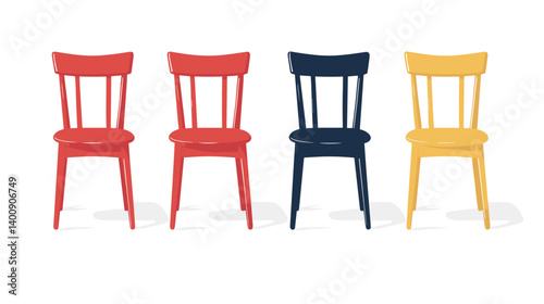 Four Simple Wooden Chairs in Red, Yellow, and Blue