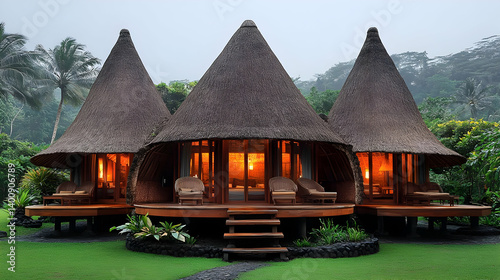 Obraz na płótnie Three Thatched Roof Bungalows on a Tropical Island Resort with Lush Greenery and Warm Interior Lighting for Holiday Getaway w salonie