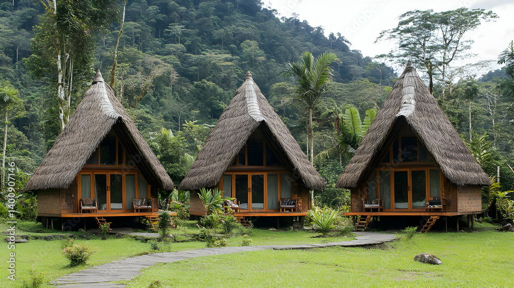 Three Thatched Roof Bungalows in Lush Tropical Forest with Wooden Facades and Stone Pathway Leading to the Cabins on a Sunny Day