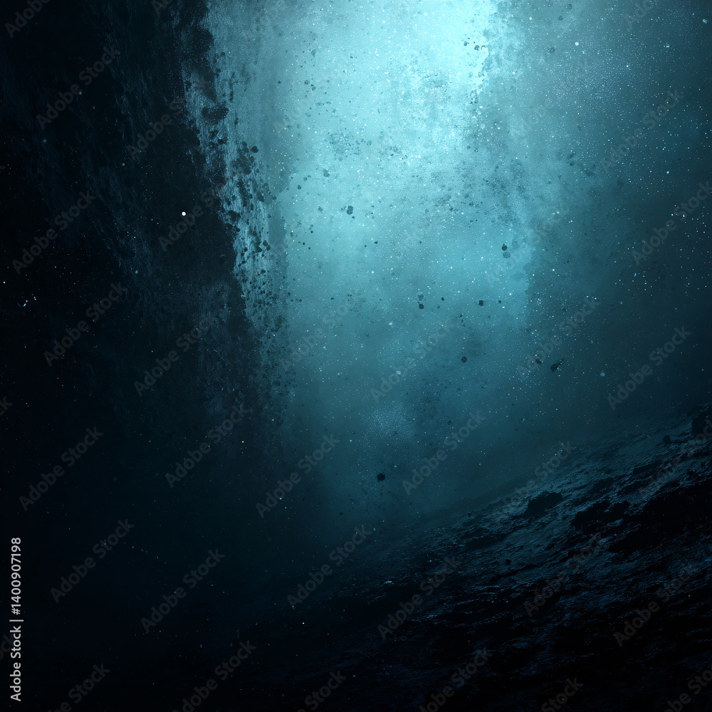 Obraz premium mysterious deep sea scene with marine creatures and faint natural light, underwater abyss with whale silhouette and floating particles in a dark ocean environment 