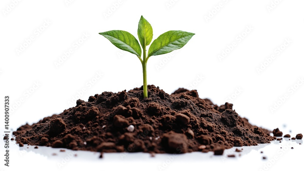 Small Plant Growing From Soil isolated on white background Symbolizing Growth and New Beginnings Small Plant Growing From Soil isolated on white background Symbolizing Growth and New Beginnings
