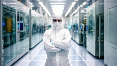 Worker in a sterile suit, arms crossed, in a cleanroom environment.