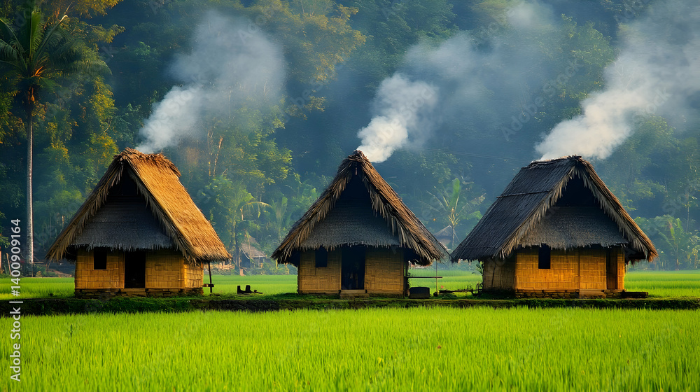 Three Thatched Roof Huts In Lush Green Rice Field With Soft Smoke Under Natural Light In Peaceful Agricultural Scene