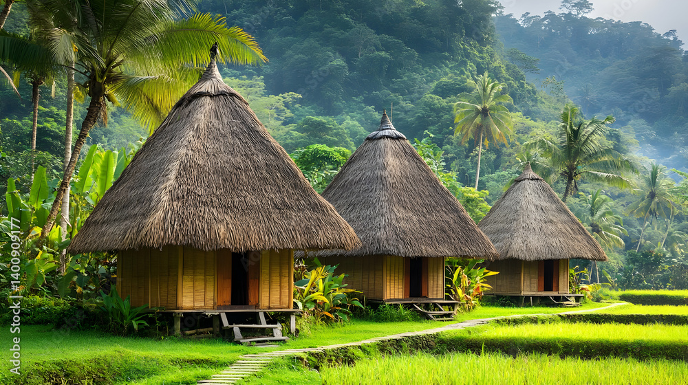 Three Thatched Roof Huts in Rural Landscape with Lush Greenery and Tropical Trees in Sunny Weather