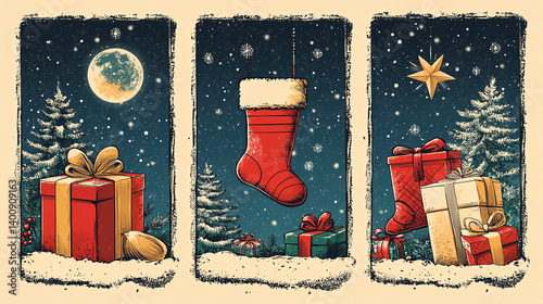 Christmas gifts and stocking in winter night scene holiday season celebration festive decoration art photo