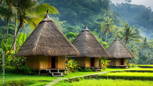 Obraz na płótnie Three Thatched Roof Huts in Rural Landscape with Lush Greenery and Tropical Trees in Sunny Weather w salonie