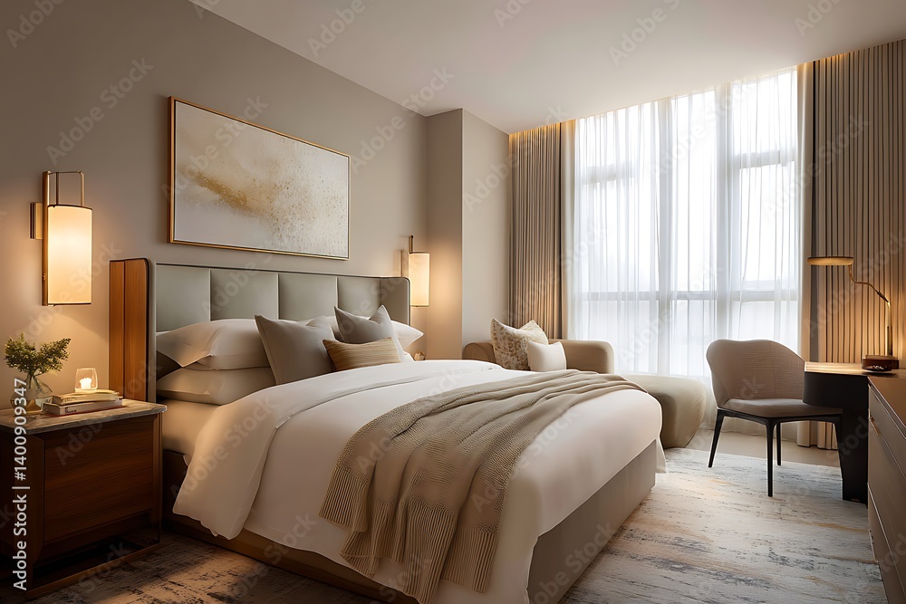 Fototapeta premium Elegant and cozy modern hotel room with warm lighting and a plush king-size bed