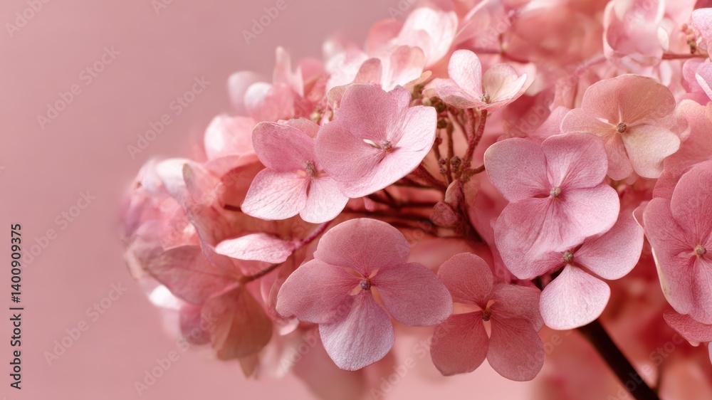 Close-up of a delicate, soft pink hydrangea blossom, romantic floral beauty. Close-up of a delicate, soft pink hydrangea blossom, romantic floral beauty.