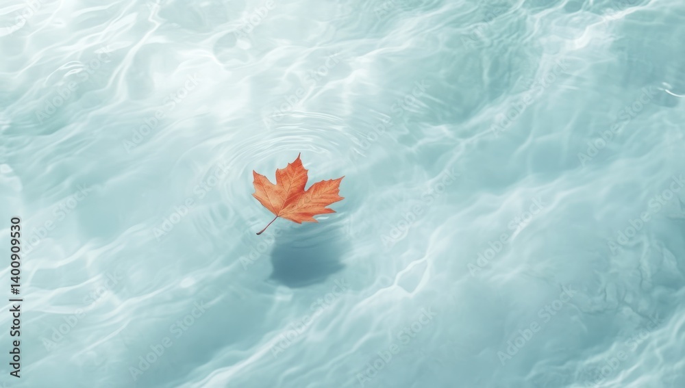 Single orange leaf floating on shimmering blue water surface creating soft shadows. Single orange leaf floating on shimmering blue water surface creating soft shadows.