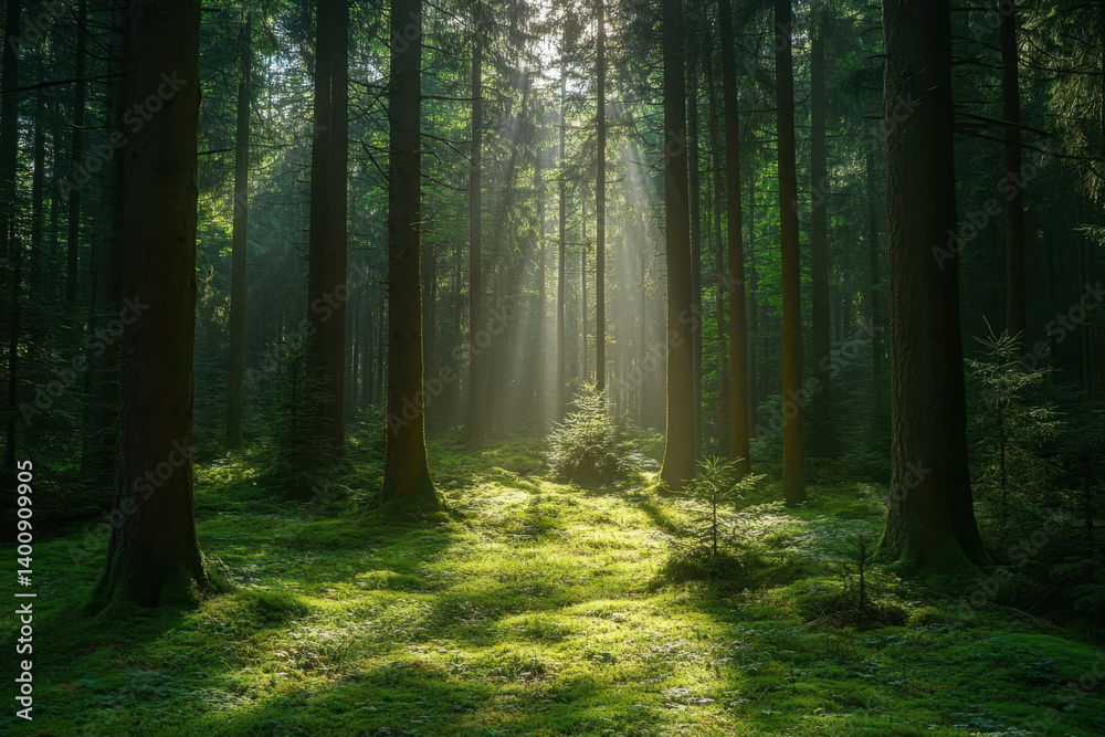 Naklejka premium Sunbeams filter through a dense forest, casting a golden glow on towering trees and creating a serene, enchanting atmosphere.