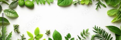 Fresh green leaves framing a blank white space with soft shadows. Ideal for eco-friendly branding, herbalism, or organic product designs.