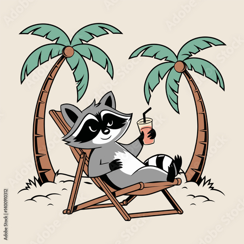 Relaxing Raccoon with Drink on Tropical Beach Illustration