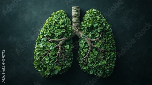 Leafy lung structure symbolizing environmental connection, green foliage forming respiratory system silhouette highlighting ecological wellness