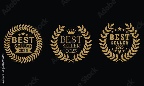 Best seller emblem with laurel wreath. Best seller award badges collection.