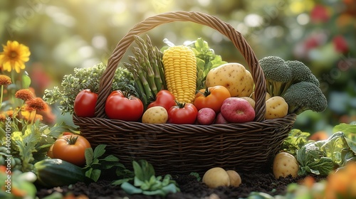 Wicker basket full of various fresh organic vegetables in a garden during a sunny day