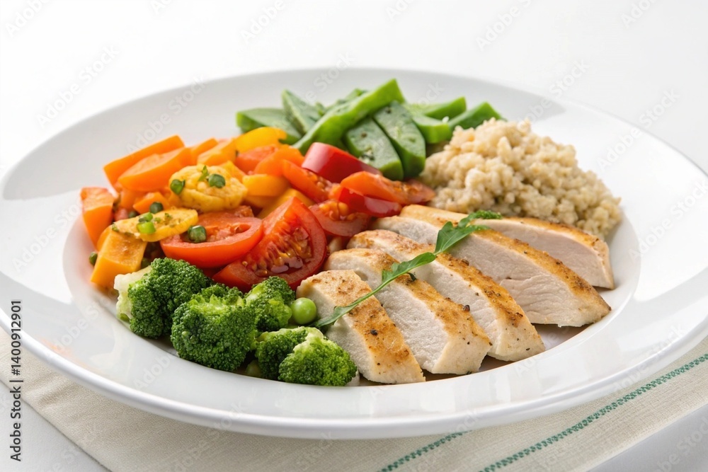 A colorful and nutritious bowl with grilled chicken, fluffy quinoa, and fresh vegetables like broccoli, tomatoes, avocado, and bell peppers. A colorful and nutritious bowl with grilled chicken, fluffy quinoa, and fresh vegetables like broccoli, tomatoes, avocado, and bell peppers.