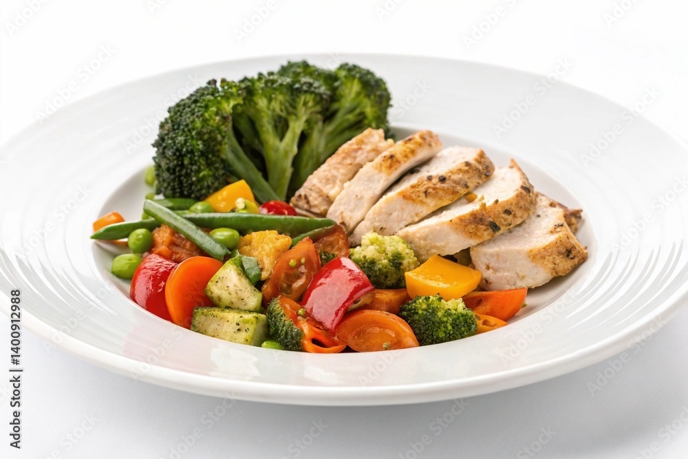 A colorful and nutritious bowl with grilled chicken, fluffy quinoa, and fresh vegetables like broccoli, tomatoes, avocado, and bell peppers. A colorful and nutritious bowl with grilled chicken, fluffy quinoa, and fresh vegetables like broccoli, tomatoes, avocado, and bell peppers.