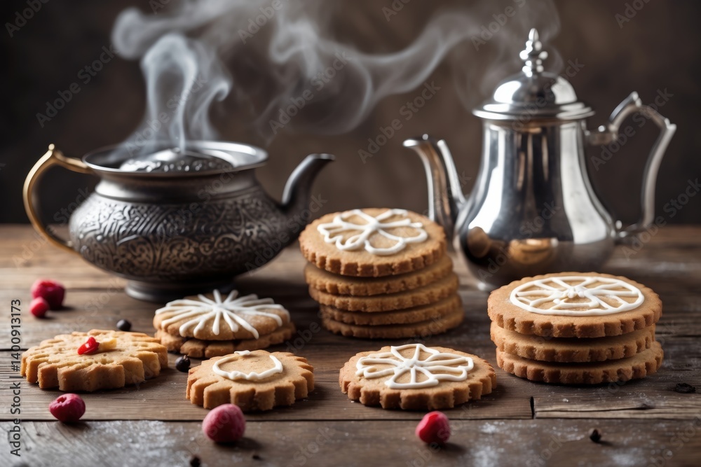 Gingerbread cookies with white icing decorations, smoke from a teapot, and berries on a rustic table. Gingerbread cookies with white icing decorations, smoke from a teapot, and berries on a rustic table.