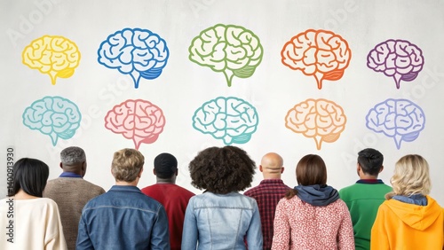 autism concept. Diverse individuals observe colorful brain illustrations on a wall, symbolizing creativity and intelligence.