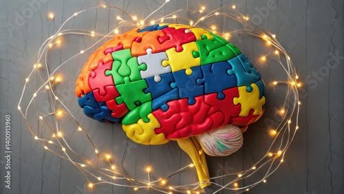 autism concept. Colorful puzzle brain surrounded by glowing lights on a textured background.