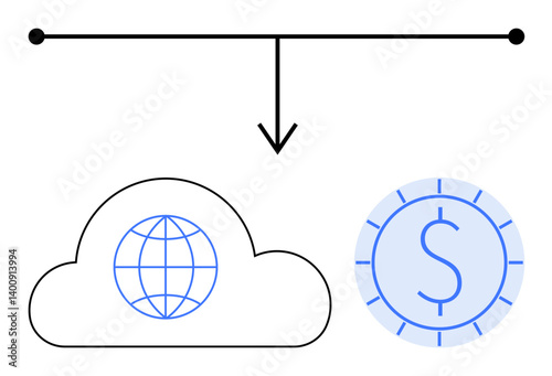 Straight line with arrow leading to cloud with globe and currency symbol. Ideal for technology, finance, cloud computing, global connectivity, business innovation, data storage, modern economy. Flat