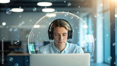autism concept. A person wearing headphones, focused on a laptop, surrounded by bubbles in a creative workspace.