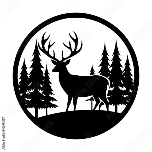 Silhouette of a deer in a forest scene.
